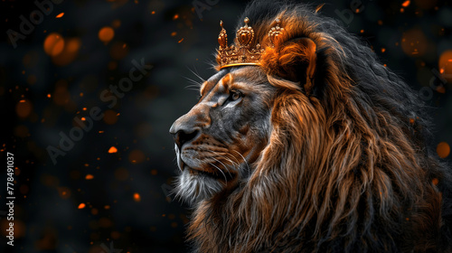 Lion with a crown on dark background. Lion King