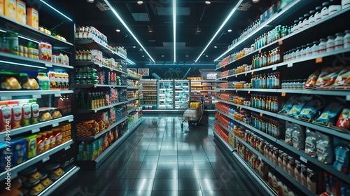 Interior view of a modern grocery store and customer, blurred background with bokeh light. AI generated illustration