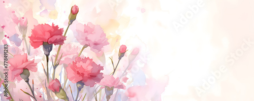 Pink carnation flowers watercolor style illustration over white backdrop for a Mother's Day greeting card