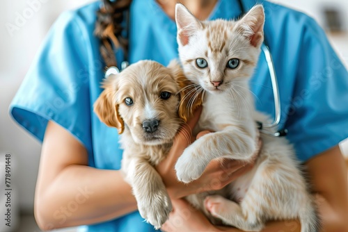 female veterinarian holding cat and dog in hands. Hospital background. AI generated illustration