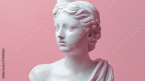 Female marble statue made of white marble, isolated pink background © Instacraft.Studio