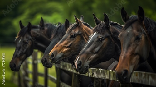 lineup of horses - horses putting their heads together - equestrian group - horses on a field behind a fence