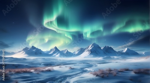 Scenery of winter with aurora lights. Copy-space with a background of blue skies.