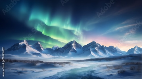 Scenery of winter with aurora lights. Copy-space with a background of blue skies.