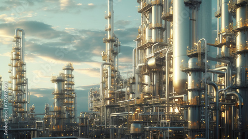 A petrochemical plant with complex distillation columns and storage tanks, currently still but ready to process petroleum into various chemical compounds