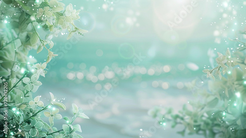 An ethereal  defocused background in a soft  pale aqua  with delicate seafoam green bokeh lights  evoking the serene beauty of a tranquil ocean cove.