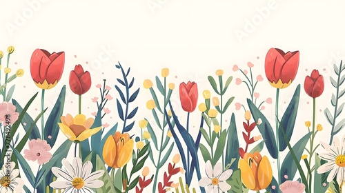 Cute Hello Spring card or horizontal poster for spring holidays with wildflowers, daisies, and tulips pattern. Hand drawn Floral art template for Easter,, birthday or Mothers Day decor and greetings 