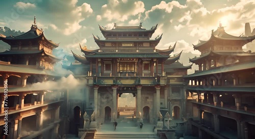 Whimsical 4k video footage showcasing a Hindu temple nestled in the sea of Bali, Indonesia, rendered in vibrant anime style photo