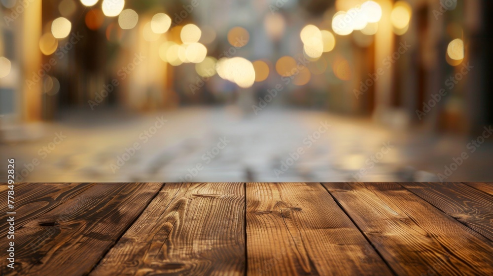 Close up of empty wood table in background of bokeh light. Lifestyle concept for breaks and holidays Close up of empty wood table in background of bokeh light. Lifestyle concept for breaks and holidays