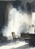 watercolor painting of smoke in house