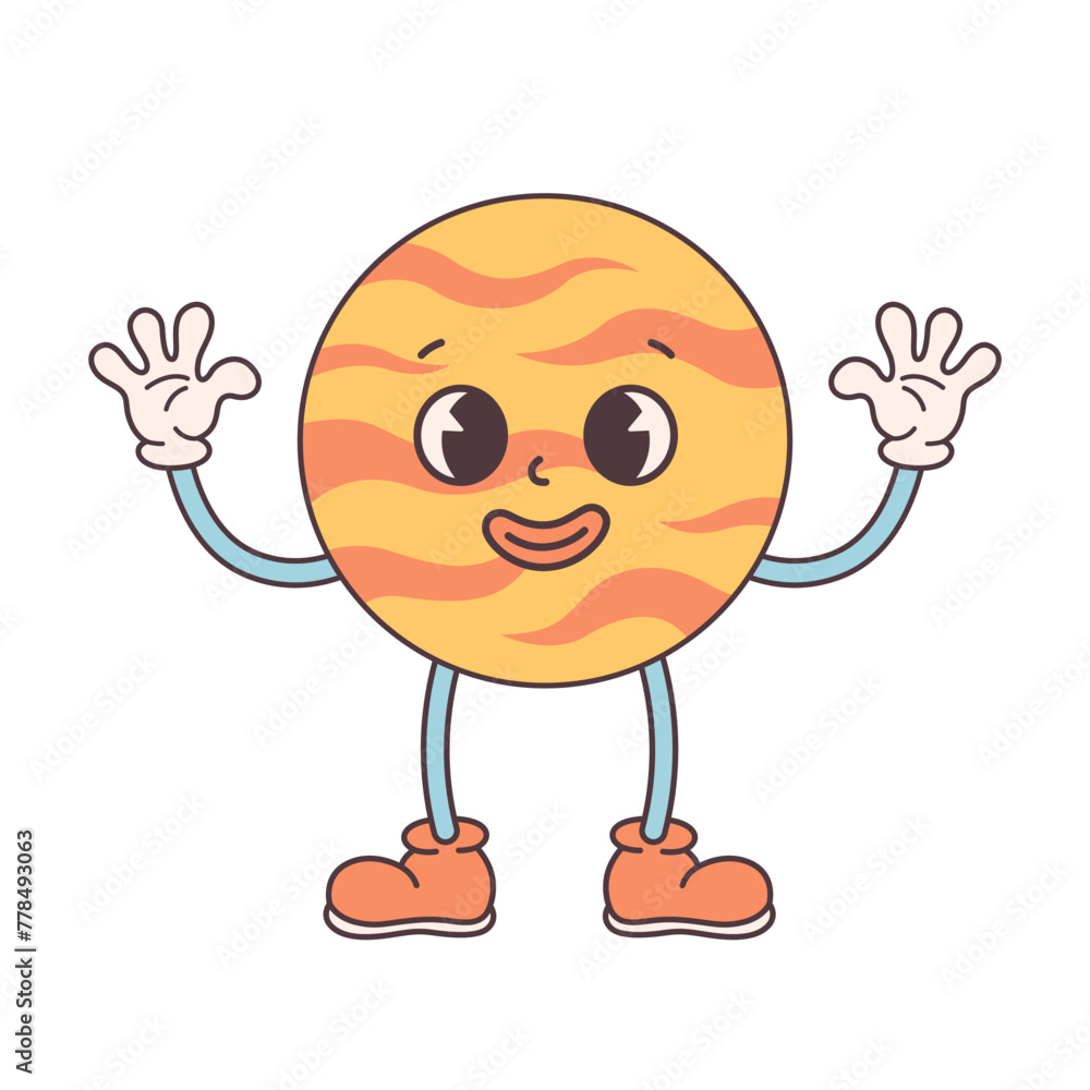 Trendy cartoon groovy planet character in retro style 60s and 70s. Solar System, Space. Earth Day, Save planet. Vector illustration in flat style Trendy cartoon groovy planet character in retro style 60s and 70s. Solar System, Space. Earth Day, Save planet. Vector illustration in flat style