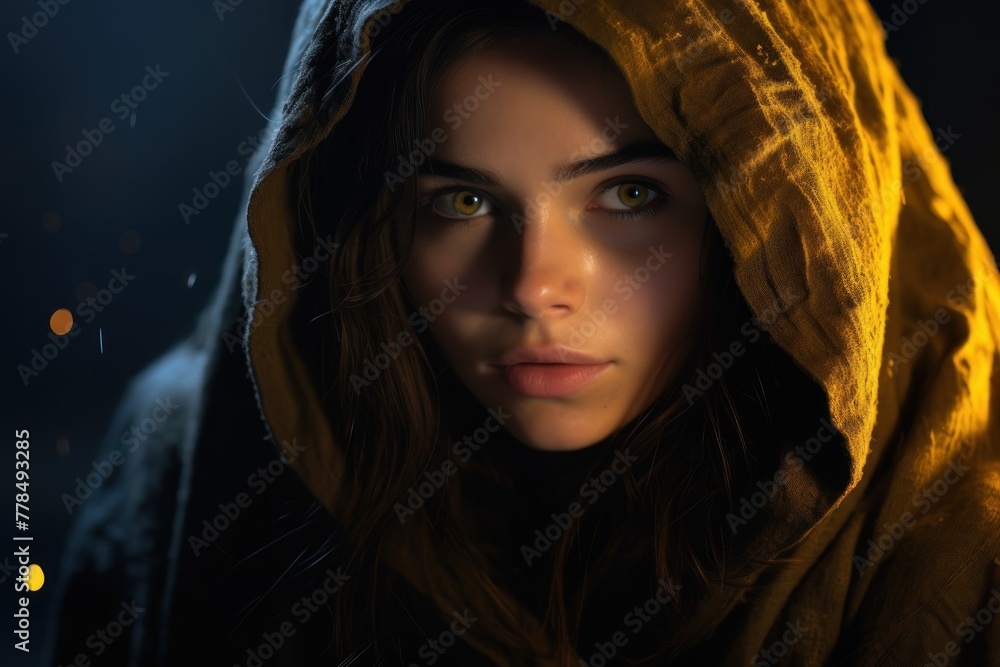 Portrait of a young woman with brown hair and yellow eyes wearing a hooded cloak in a night time scene, looking at camera. Fantasy art style and cinematic lighting oncept.