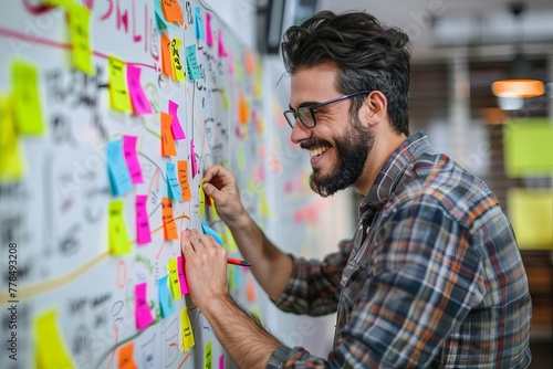 Software Developer Brainstorming Innovative Ideas on Whiteboard with Sticky Notes, Concept Photo