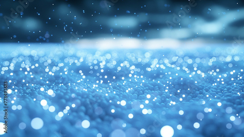 A serene array of baby blue particles, softly glowing against a dark sky. The scene's depth creates a feeling of infinity, with the bokeh effect adding a touch of dreamy realism.