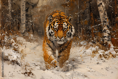 Amur tiger in nature in the taiga