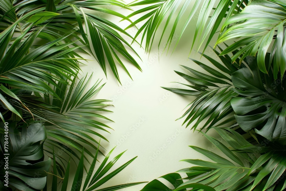 Tropical Green Palm Leaves and Plant Branches Frame Isolated on White, Nature Background