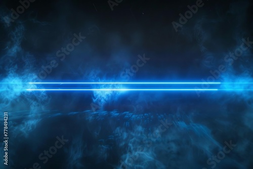 Futuristic blue neon laser beams in smoky dark space, abstract technology background © Lucija
