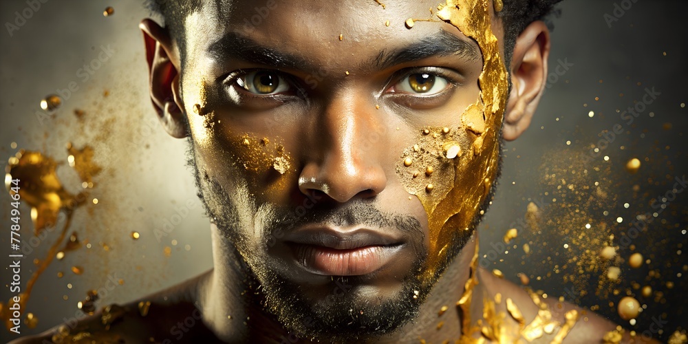 portrait of a black man's face in golden paint fashion rich look isolated portrait of a black man's face in golden paint fashion rich look isolated