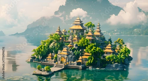 Mesmerizing 4k video footage capturing the ethereal charm of a Hindu temple standing amidst the sea in Bali, Indonesia, animated in captivating anime style.