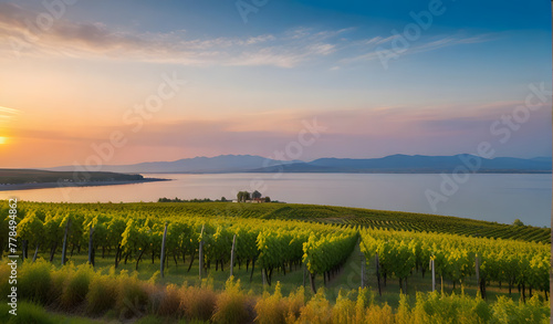 Vineyards and the Badacsony mountain with Lake Balaton at sunset in Hungary photo