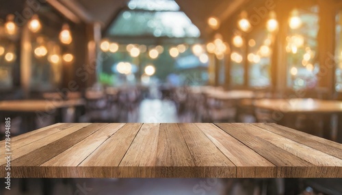 Vintage Vistas: Empty Wooden Table in a Blurry Restaurant Interior