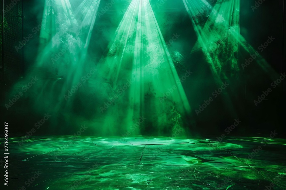 Dramatic green spotlights on dark stage floor, theater or event background