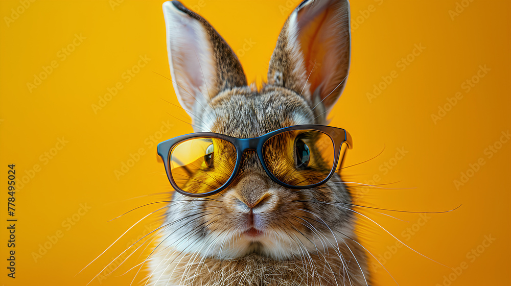 Adorable furry rabbit wearing sepia sunglasses, on a yellow background