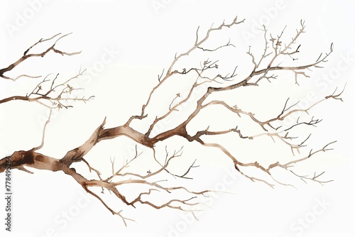 Minimalist watercolor illustration of dry brown tree branch on white background photo