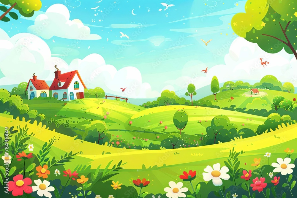 Cute spring landscape with green fields and funny cartoon characters, kids banner