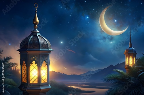celebration of islamic eid mubarak and eid al adha,eid ul fitr lantern in a night background copy space