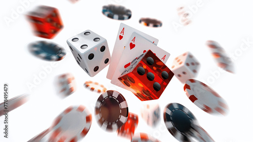 dynamic illustration of poker cards, chips and dices, casino gambling