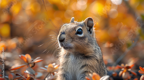 Beautiful little squirrel is looking in the forest and flowers