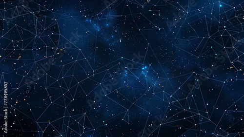 Imagine a night sky panorama, with navy blue dots and triangles connected by midnight blue lines, all set against a backdrop of the deep cosmos.