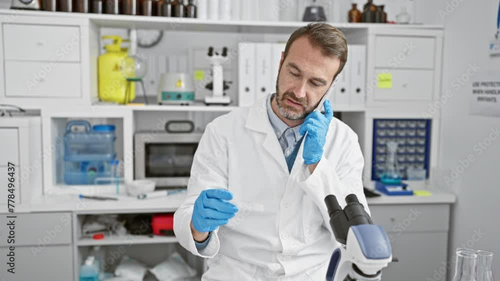 A bearded male scientist in a laboratory examines a slide while talking on the phone indoors. A bearded male scientist in a laboratory examines a slide while talking on the phone indoors.