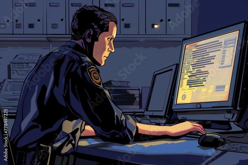 Police officer entering suspect's data into computer system, law enforcement database, criminal investigation, digital illustration
