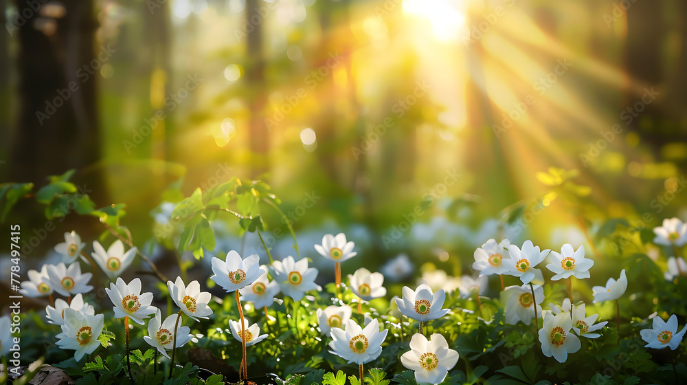 Obraz premium Beautiful spring forest with anemones flowers in the foreground