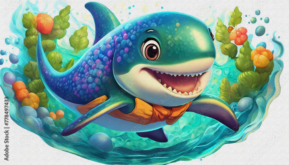 OIL PAINTING STYLE CARTOON CHARACTER CUTE baby a big shark swimming in the deep blue water OIL PAINTING STYLE CARTOON CHARACTER CUTE baby a big shark swimming in the deep blue water