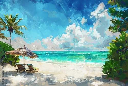 Serene beach vacation scene with turquoise water and white sand, idyllic tropical paradise, digital painting © Lucija