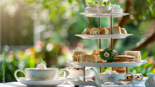 An elegant high tea setting on a bright afternoon, featuring a delicate porcelain tea set, scones, sandwiches