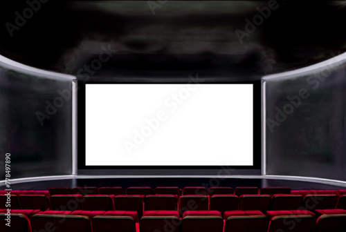 Large projection screen on stage, presentation board, blank whiteboard for conference. Screen display for creative design, free space for advertisement. Advertising mockup concept. Copy ad text space
