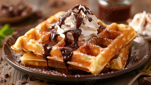 A dish of waffles topped with whipped cream and chocolate sauce