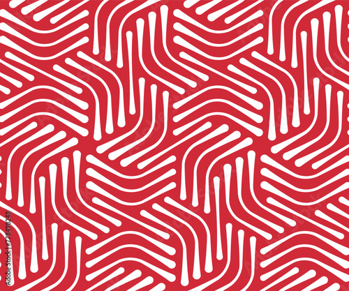 Seamless repeating pattern with striped white hexagons on a red color background. Modern elegant bicolor style. Thin curved lines. Abstract geometric vector illustration. photo
