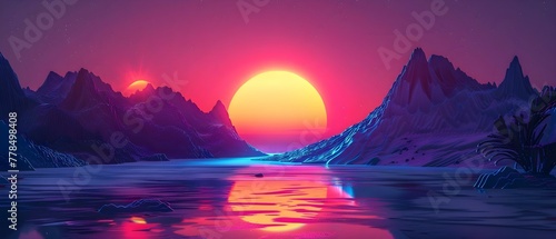 Surreal Sunset Over Neon Glacier Valley. Concept Nature Photography  Landscape Art  Vibrant Colors  Surreal Scenery  Neon Lights