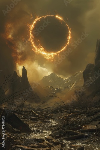 Nature's grand spectacle, a solar eclipse, transcends over a war-torn land scarred by climate change and human strife.