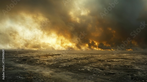 The haunting blend of warfare's smoke and desert's relentless encroachment mirrors Earth's cries amid human strife and climate crisis.