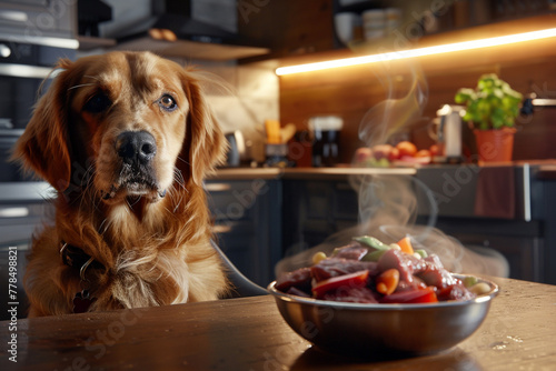 A cozy evening feeding time scene with a dog sitting patiently in a warmly lit kitchen, its eyes fixed on a bowl of steaming, freshly cooked meat