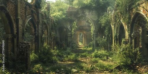 Amidst global warming, nature reclaims war-torn ruins with overgrown vegetation in a poignant display of resilience. photo