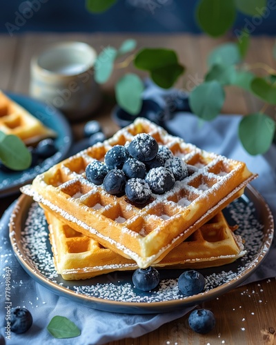 Belgian waffles with blueberries and powdered sugar