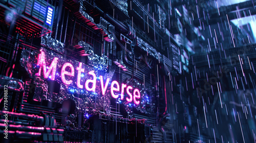Futuristic cyber space with sign Metaverse, abstract digital world background. Dark cyberpunk city with data lights in rain. Concept of technology, future, tech,