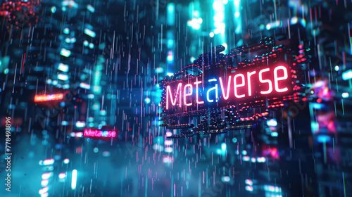 Futuristic dark cyberpunk city with neon sign Metaverse, abstract digital world, lettering on rain and lights background. Concept of technology, cyber future, tech, virtual reality